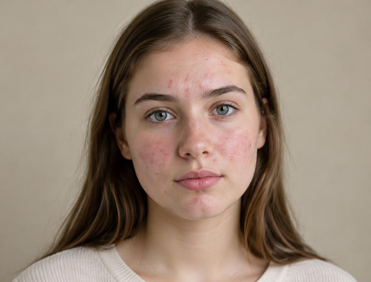 Teenage girl with acne breakouts on her cheeks
