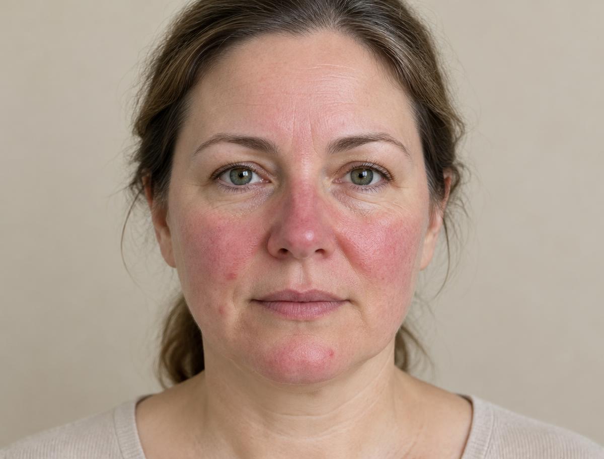 Middle-aged woman with rosacea redness across her cheeks and nose