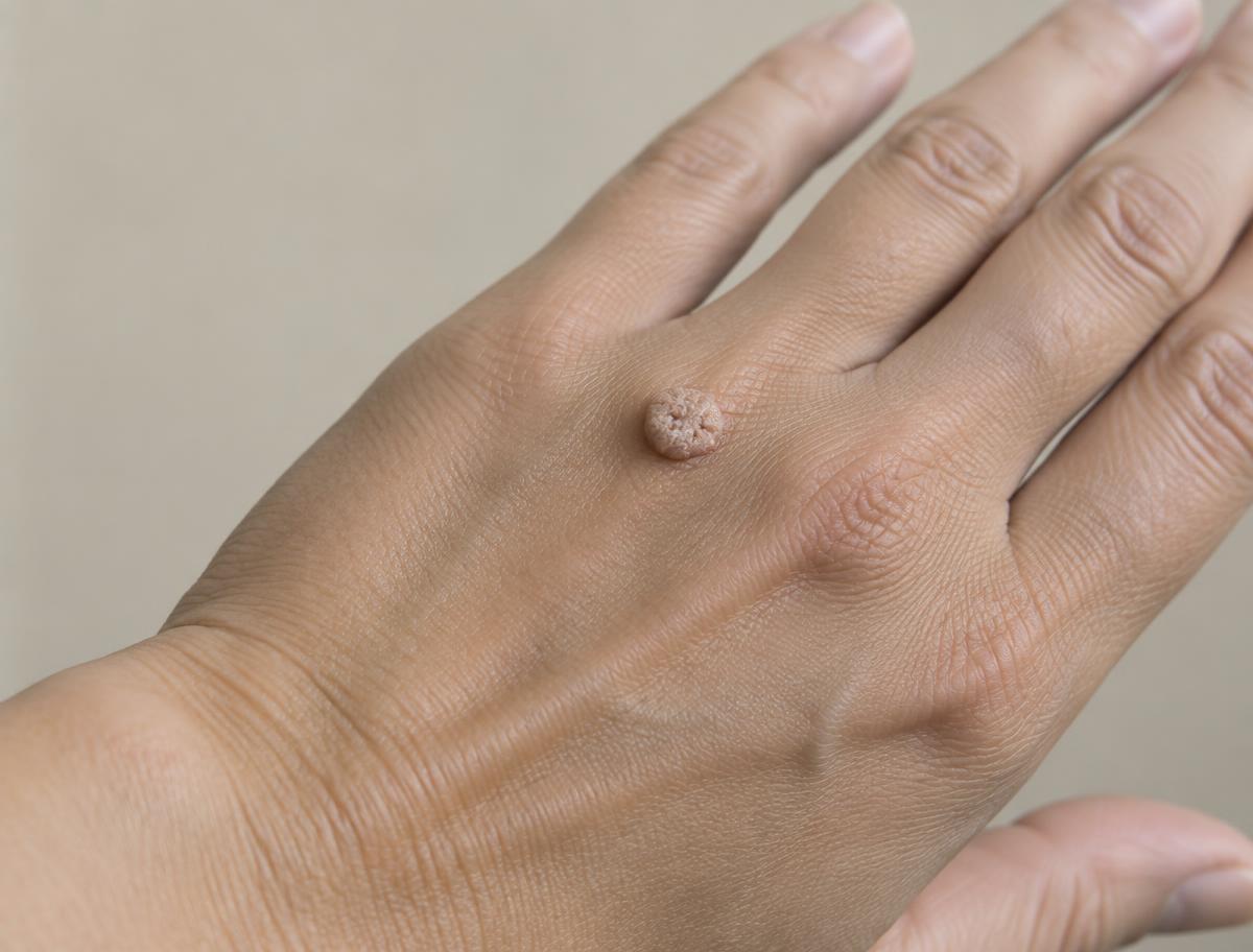 Close view of a common wart on the back of a hand