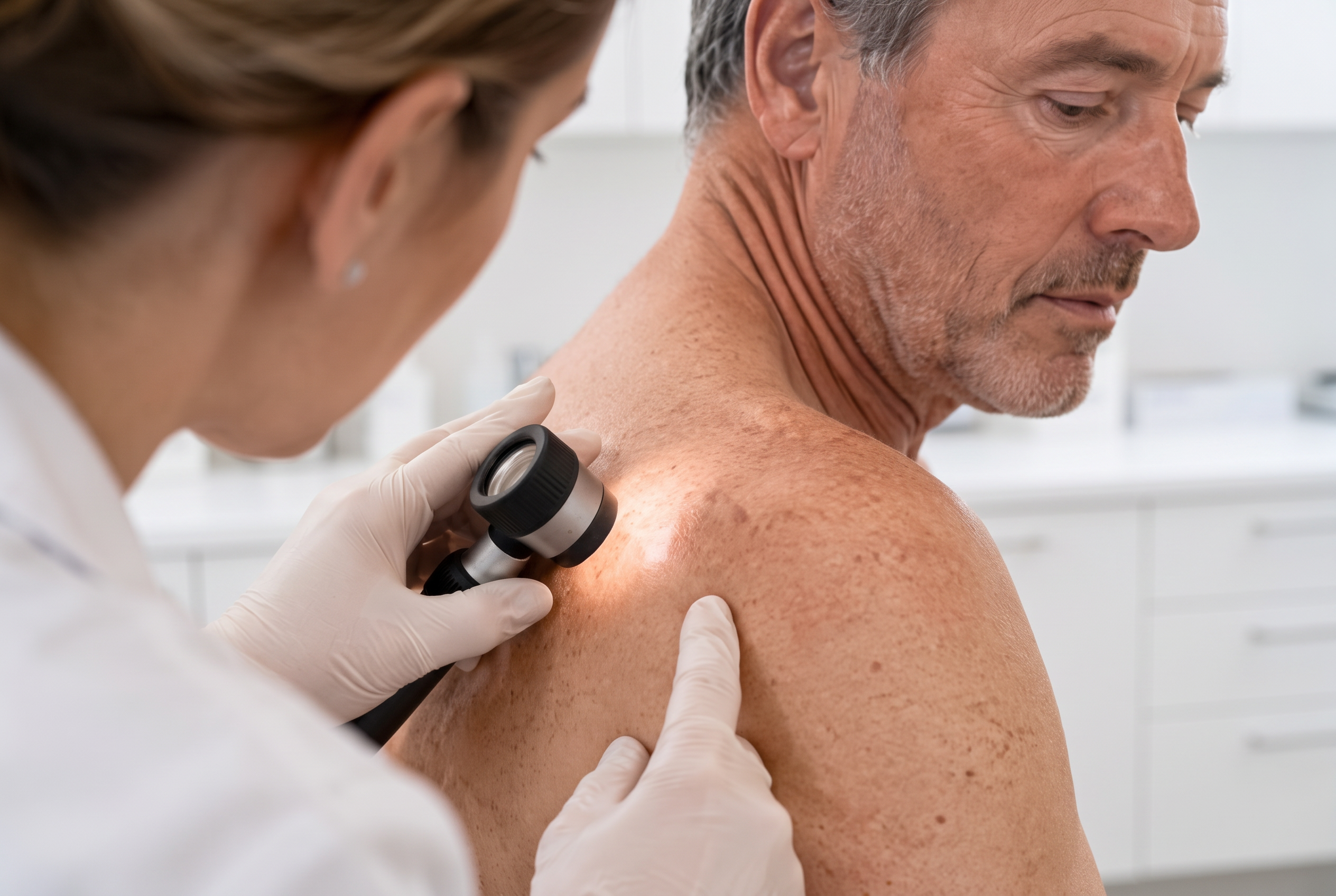 Dermatologist examining skin with a dermatoscope