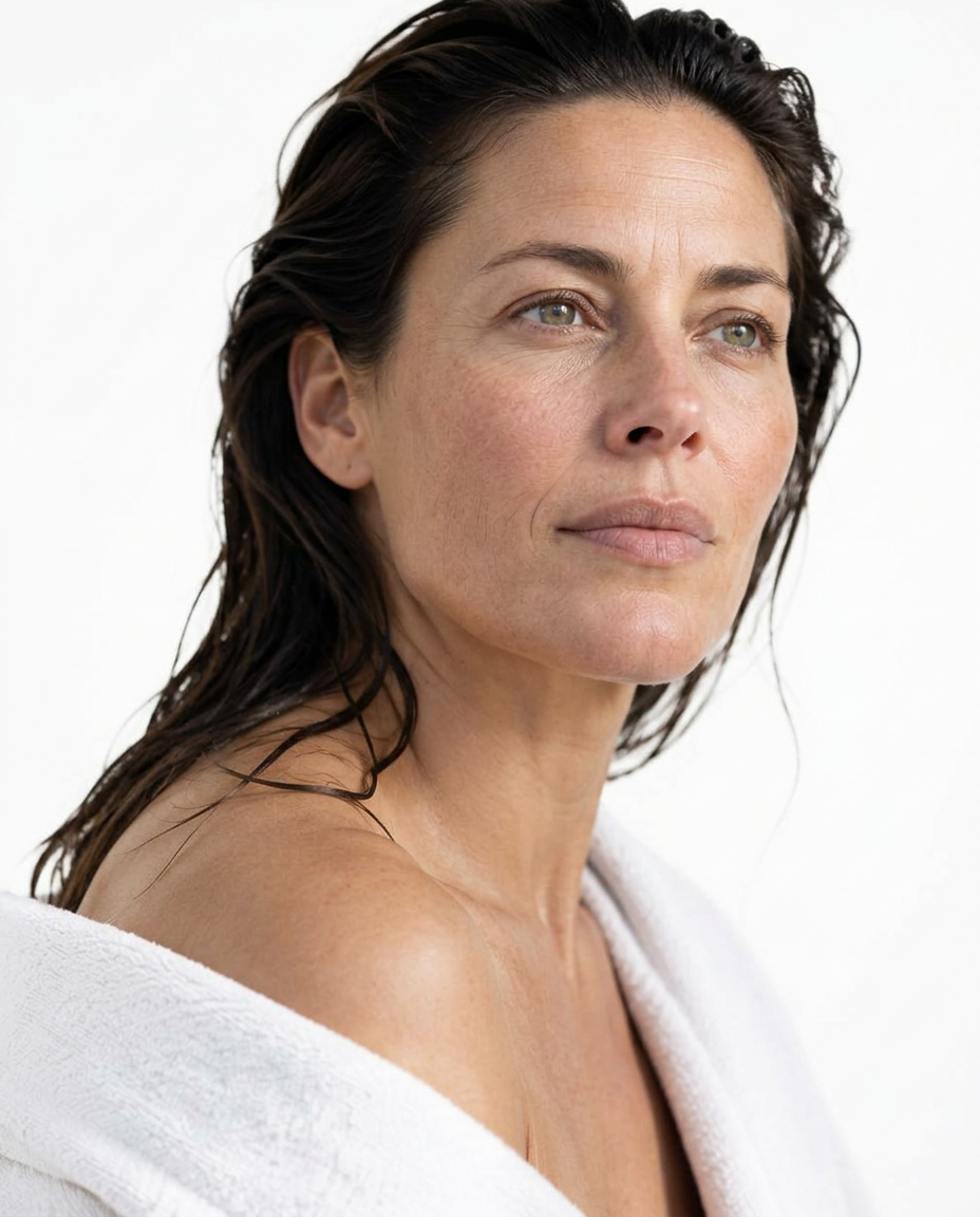 Woman in her forties with natural skin texture in soft light