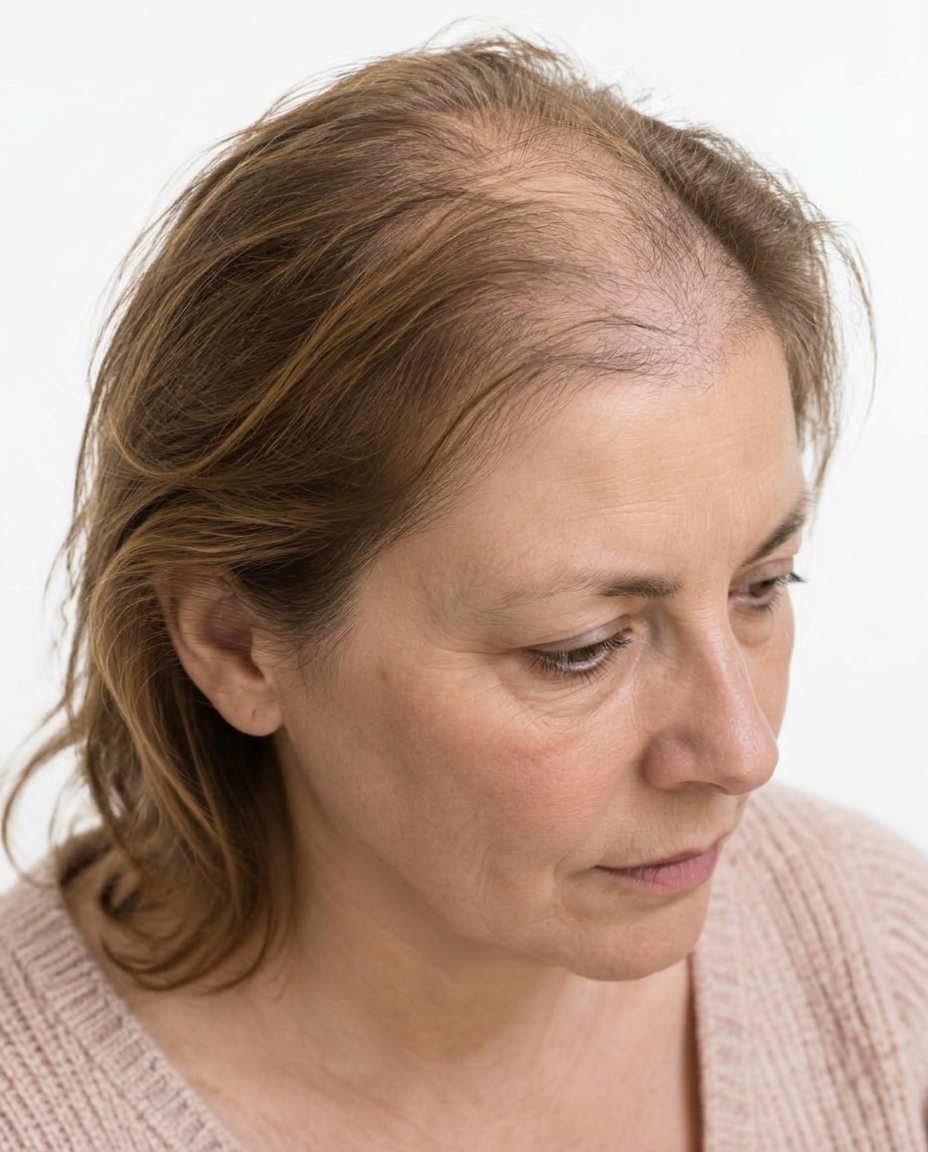 Woman examining thinning hair at the part line